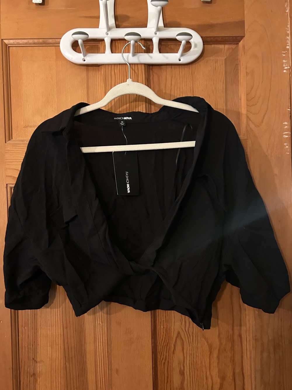 Fashion Nova Black Cropped Blouse With Deep V Neck